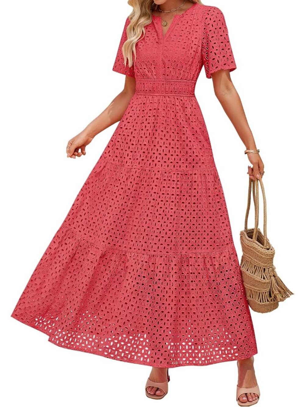 Women's Watermelon Eyelet Maxi V-Neck A-Line Beach Vacation Long Dress